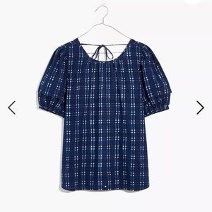 Tie-Back puff-sleeve top in Shibori Indigo Plaid